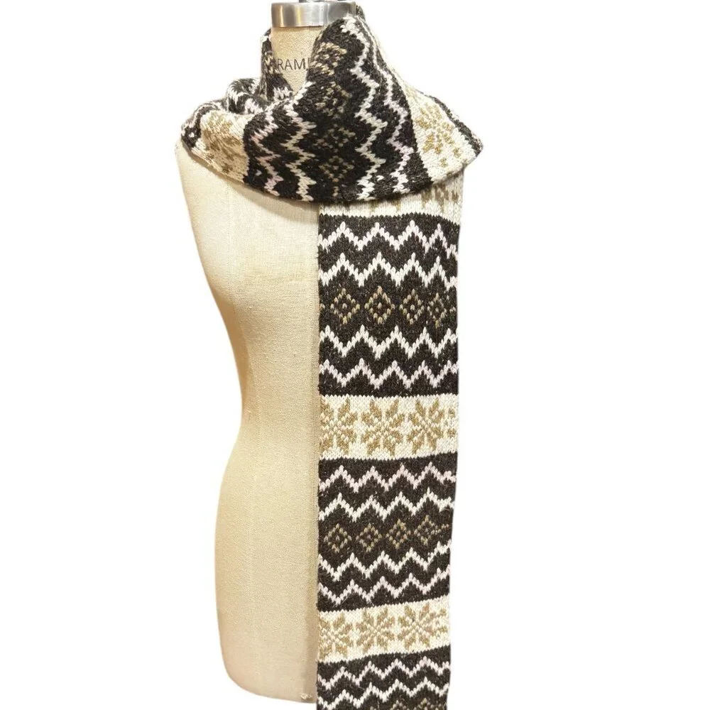 Vintage GAP Wool Blend Knit Scarf – Fair Isle Pattern, Brown & Cream, Long Fring
